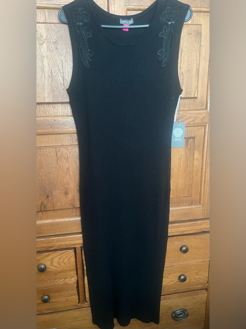 Vince Camuto Black Ribbed Sleeveless Maxi Dress with Subtle Shoulder Embroidery